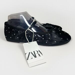 ZARA Black Mesh Rhinestone Ballet Flats Mary Jane Shoes Women US 8.5 EU 39 NEW